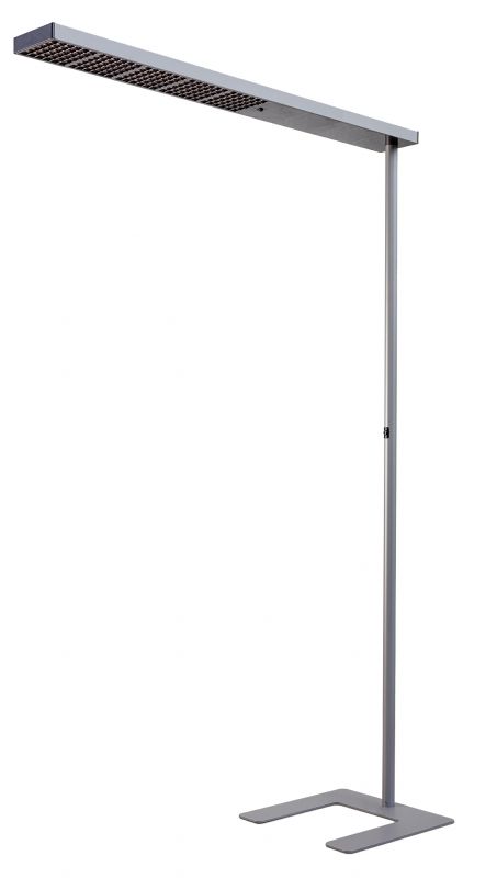 Graue XT-A Stehleuchte mit LED-Panel und modernem Design für Büro und Wohnzimmer.